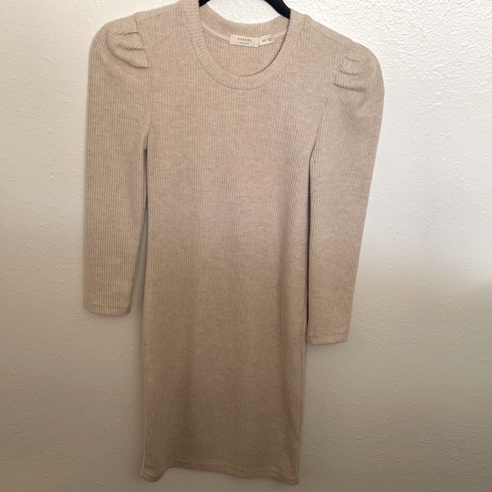 Harper Heritage Ribbed, puffed shoulder, long sleeved sweater dress, xxs.